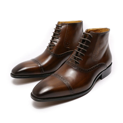 FASHION MENS ANKLE BOOTS FORMAL MEN DRESS GENUINE LEATHER SHOES WESTERN BOOTS BLACK BROWN CAP TOE LACE UP CASUAL BASIC BOOTS MEN