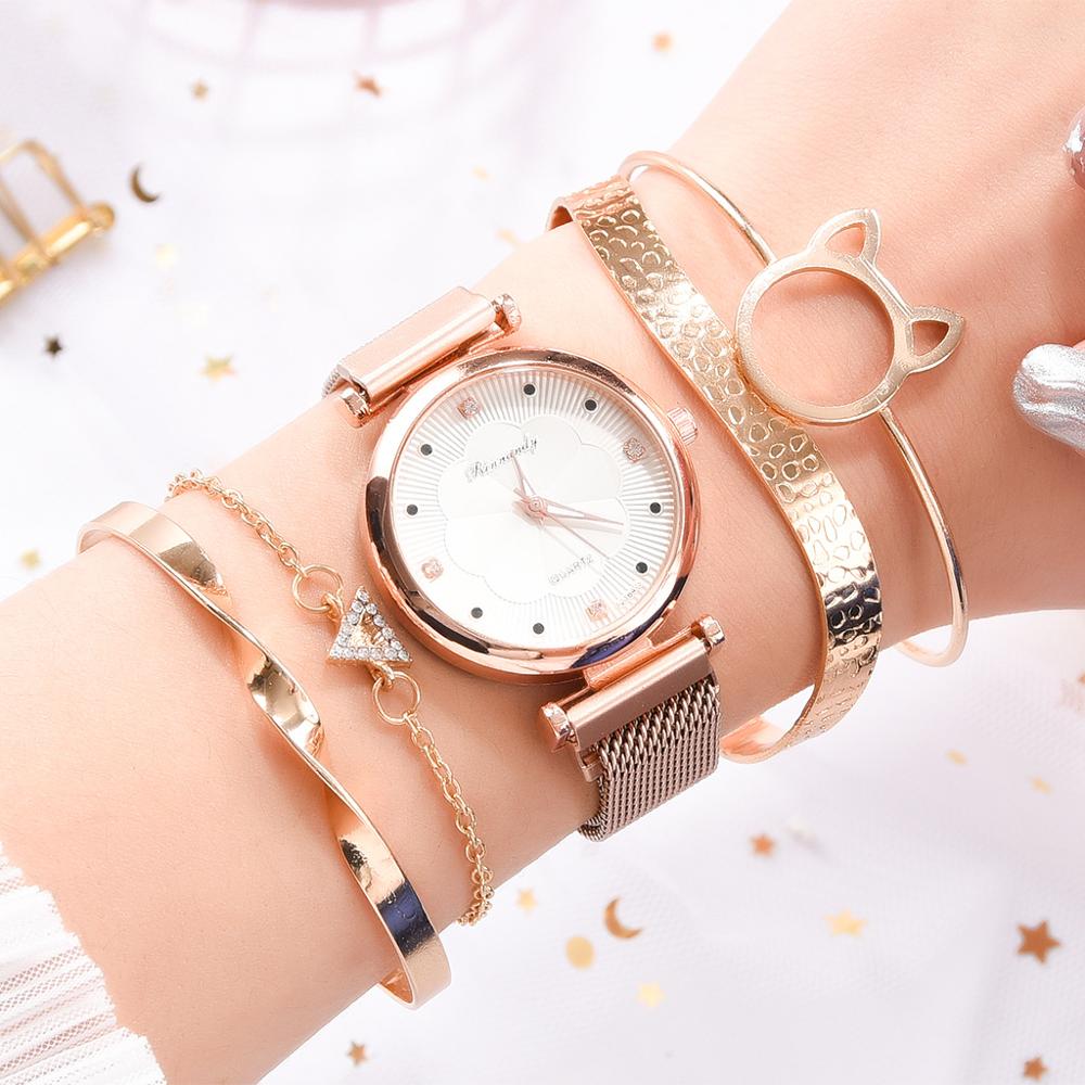 Elegant Lady Watches Bralcet Gift Wristwatch for Women 5 PCS Set Casual Fashion Rose Gold Female Wristwatch Gift