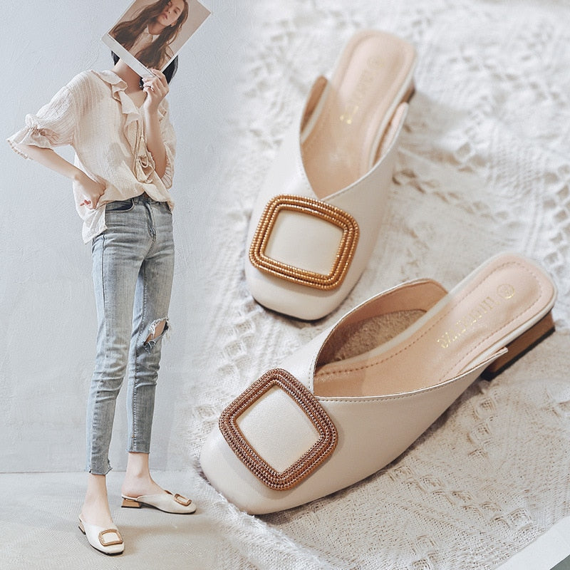 Women Summer Slip On PU Slippers Ladies Square Toe Cone Heels Slipper Woman Fashion Metal Decoration Casual Female Party Sandal