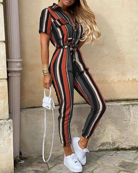 Women Casual Solid Color Jumpsuit 2020 Summer Deep V Neck Button Shirt Overalls Short Sleeve Office Lady One Piece Romper Belt