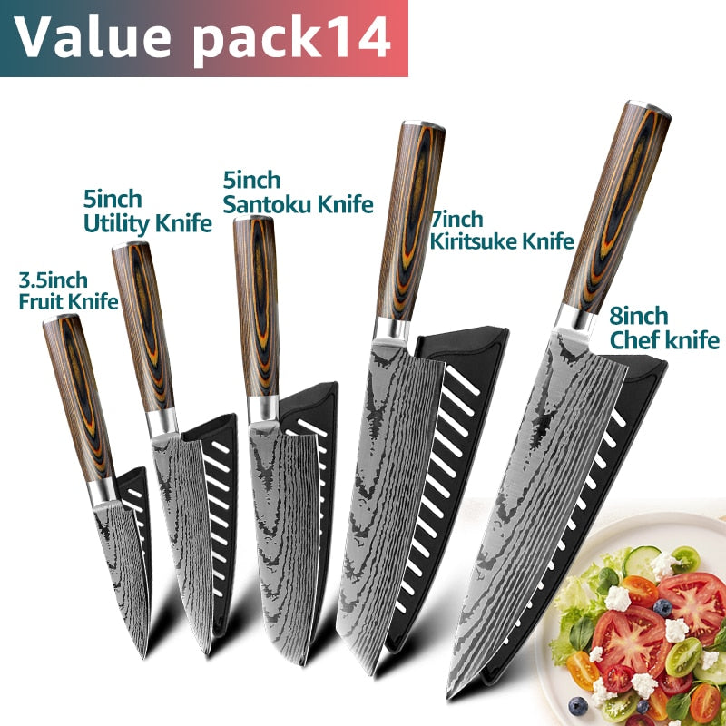 Kitchen knife Japanese Chef Knives 7CR17 440C Stainless Steel Imitation Damascus Knife Meat Cleaver Slicer Santoku Cutter Set
