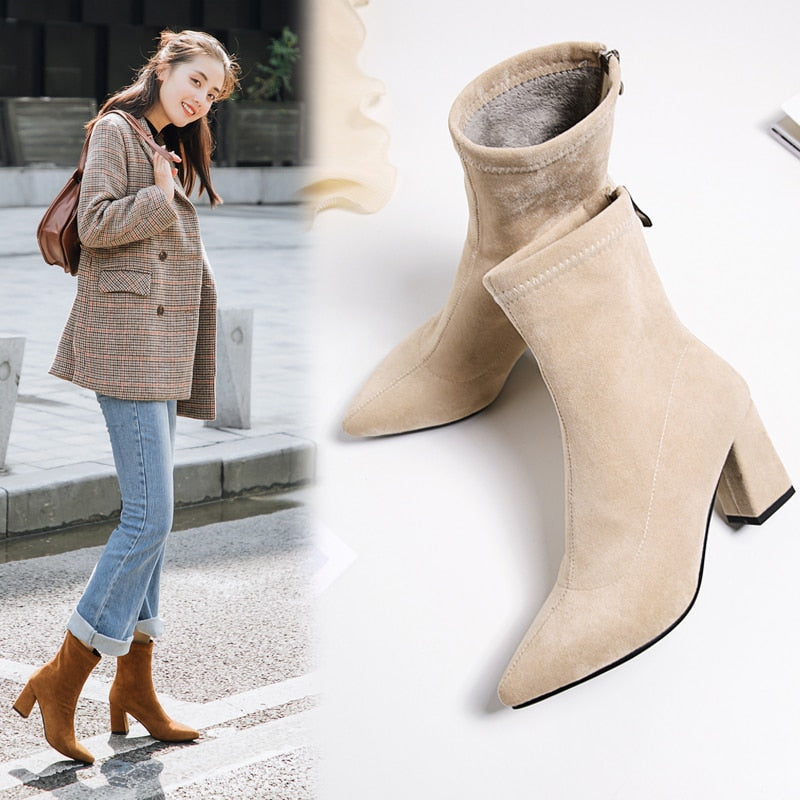 Fashion Ankle Elastic Sock Boots Chunky High Heels Stretch Women Autumn Sexy Booties Pointed Toe Women Pump Size 33-43