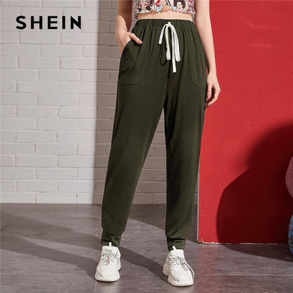 SHEIN Light Grey Knot Waist Slant Pocket Pants Women Summer Elastic Waist Ladies Casual Sporting Cropped Trousers Sweatpants