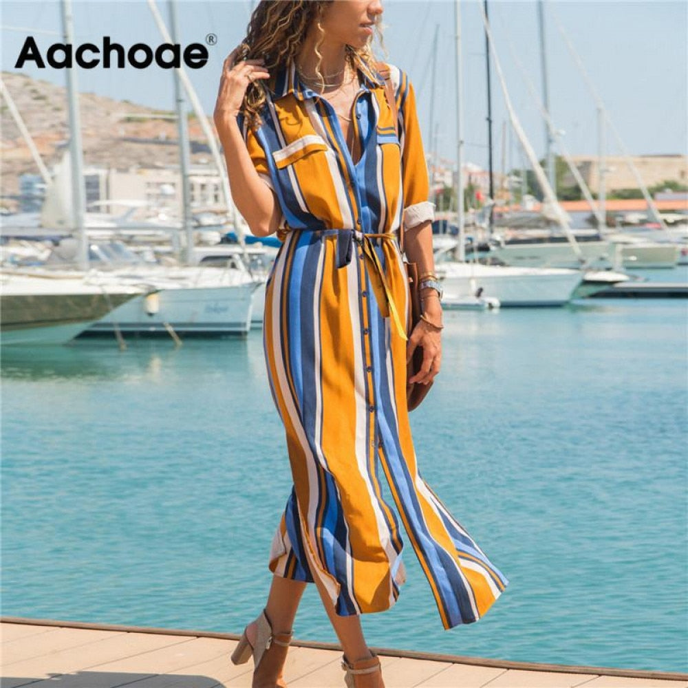 Aachoae Turn Down Collar Office Ladies Stripe Shirt Dress Long Boho Beach Dress Casual Long Sleeve Elegant Party Dress Vestidos