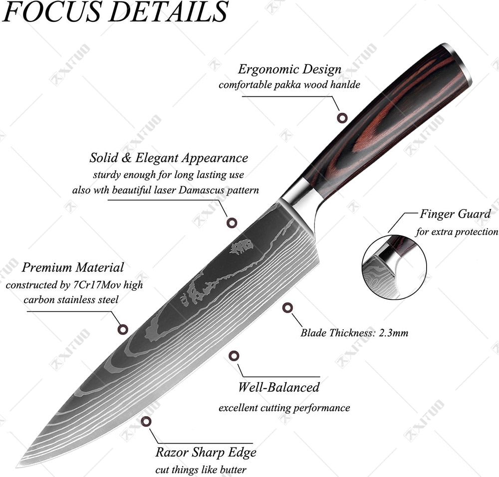 XITUO 8"inch japanese kitchen knives Laser Damascus pattern chef knife Sharp Santoku Cleaver Slicing Utility Knives tool EDC New