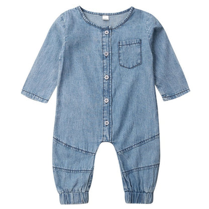 Spring Autumn Baby Clothing Long Sleeve Romper Denim Solid Jumpsuit Pocket Outfits Newborn Kids Baby Girl Boy Clothes