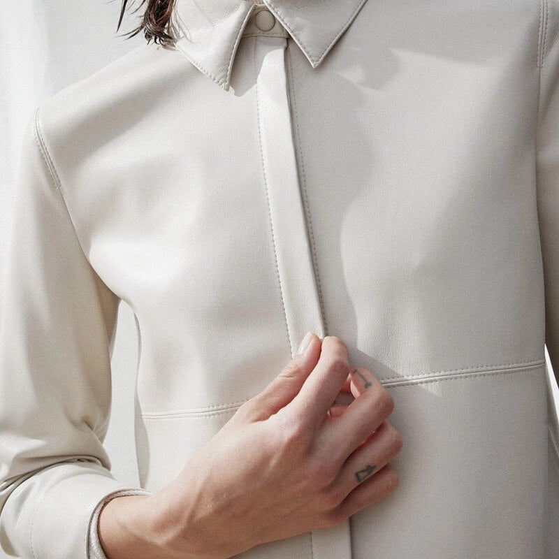 High End Leather Shirt Women Cream Minimalism Women's Clothing Long Sleeves Autumn Top Office Lady Blouse Leisure Brand Wear New