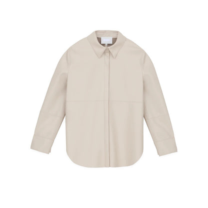 High End Leather Shirt Women Cream Minimalism Women's Clothing Long Sleeves Autumn Top Office Lady Blouse Leisure Brand Wear New