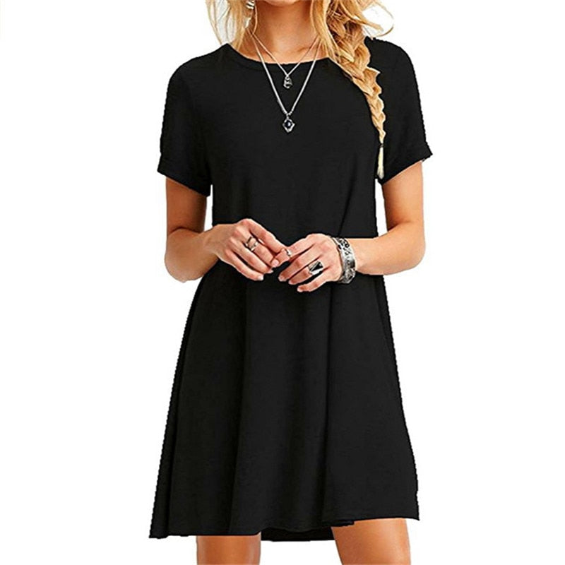 Women's Short Summer Dress Black Blue Gray Dress Summer Short Sleeve O-Neck Casual Loose Dress Female Street Plus Size Dress Vestidos