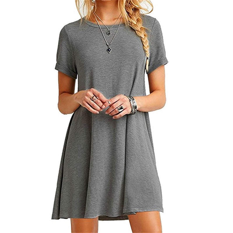 Women's Short Summer Dress Black Blue Gray Dress Summer Short Sleeve O-Neck Casual Loose Dress Female Street Plus Size Dress Vestidos