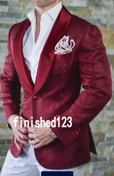 Men's One Button White Paisley Groom Tuxedos Shawl Lapel Groomsmen Mens Suits Blazers (Jacket, Pants, Tie) W:715