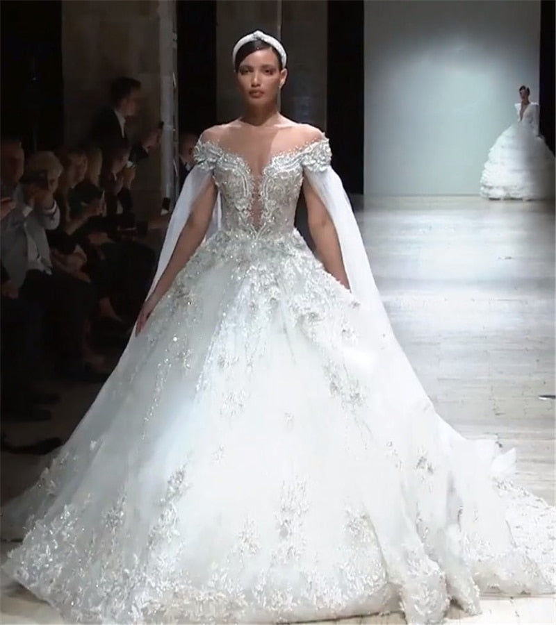 High-end Illusive Beading Batwing Wedding Gowns European Ball Gown Wedding Dresses