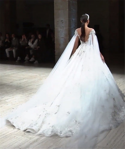 High-end Illusive Beading Batwing Wedding Gowns European Ball Gown Wedding Dresses