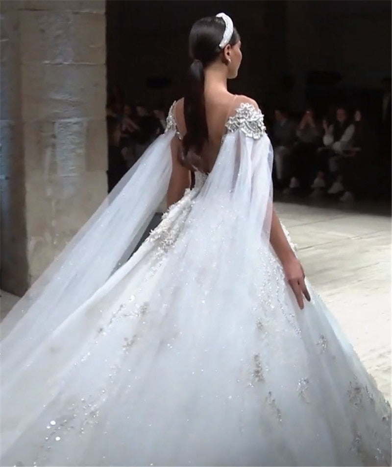 High-end Illusive Beading Batwing Wedding Gowns European Ball Gown Wedding Dresses
