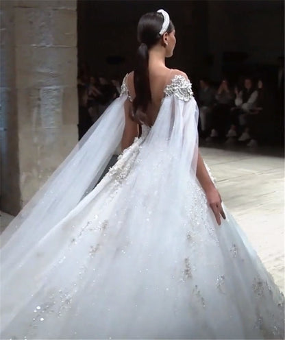 High-end Illusive Beading Batwing Wedding Gowns European Ball Gown Wedding Dresses