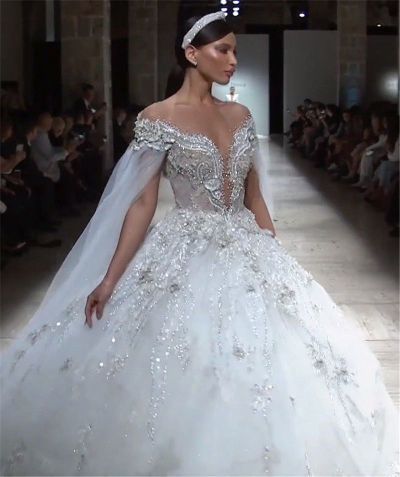 High-end Illusive Beading Batwing Wedding Gowns European Ball Gown Wedding Dresses