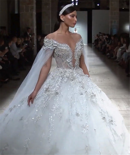 High-end Illusive Beading Batwing Wedding Gowns European Ball Gown Wedding Dresses