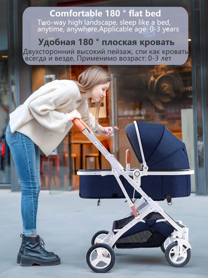 High Landscape 2 in 1 Baby Stroller Ultra Light Stroller Folding Seated Reclining Shock-Absorbing Pocket Newborn Carriage