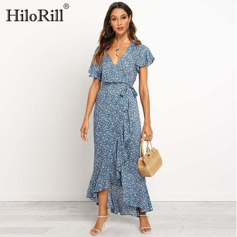 HiloRill Summer Long Maxi Dress Women Casual Boho Floral Print Beach Dress Sexy V-Neck Ruffle Bodycon Wrap High Slit Party Dress