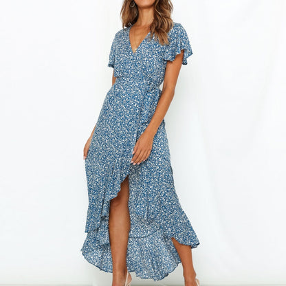 HiloRill Summer Long Maxi Dress Women Casual Boho Floral Print Beach Dress Sexy V-Neck Ruffle Bodycon Wrap High Slit Party Dress