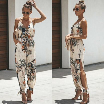 Hirigin Women Sleeveless V Neck Floral Jumpsuits Spaghetti Strap Slip Summer Loose Playsuit Sexy Beach Holiday Boho Long Pants