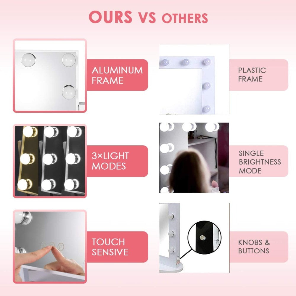 Hollywood Style Makeup Mirror with Lights LED Bulbs Cosmetic Lighted Vanity Tabletop Adjustable Brightness Beauty Frameless
