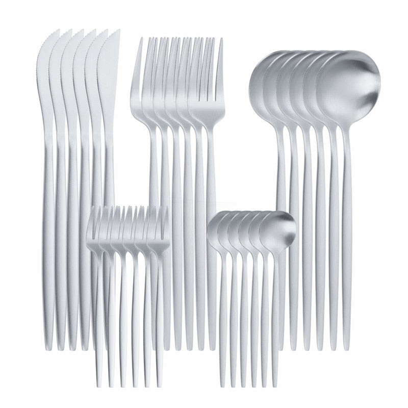 Home Tableware Silver Dinner Set Stainless Steel Cutlery Set Dinnerware Kitchen Spoon Knife Fork Western Cutlery Set 24 Piece