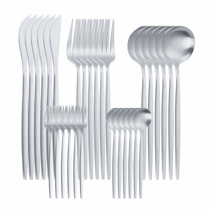 Home Tableware Silver Dinner Set Stainless Steel Cutlery Set Dinnerware Kitchen Spoon Knife Fork Western Cutlery Set 24 Piece