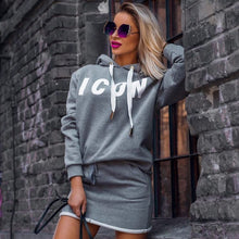 将图片加载到图库查看器，Hoodie Dress Lady Casual Letter Print Hooded Sweatshirt Dresses Autumn Winter Tops Women Long Sleeve Sport Dress Sportwear D25
