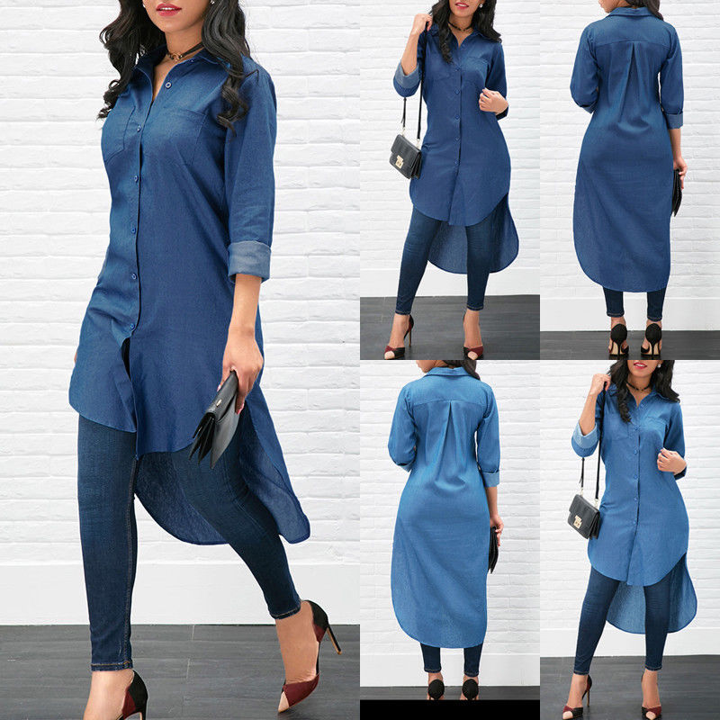 Hot Summer Autumn 2018 Plus Size XL Blue Shirt Female Long Sleeve Long Shirt Fashion Bodycon Leisure Solid Blouse Tops