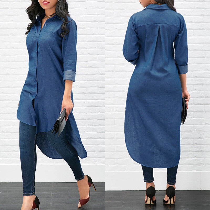Hot Summer Autumn 2018 Plus Size XL Blue Shirt Female Long Sleeve Long Shirt Fashion Bodycon Leisure Solid Blouse Tops