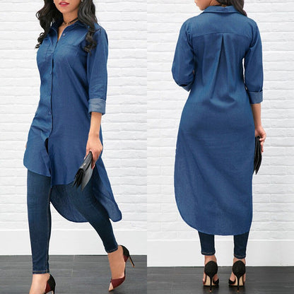 Hot Summer Autumn 2018 Plus Size XL Blue Shirt Female Long Sleeve Long Shirt Fashion Bodycon Leisure Solid Blouse Tops