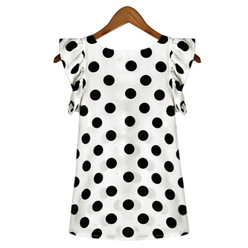 Hot Women Summer Casual Polka Dot Round Neck Short Sleeve Shirt Top Chiffon Blouse
