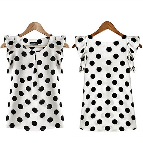 Hot Women Summer Casual Polka Dot Round Neck Short Sleeve Shirt Top Chiffon Blouse
