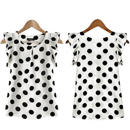 Hot Women Summer Casual Polka Dot Round Neck Short Sleeve Shirt Top Chiffon Blouse