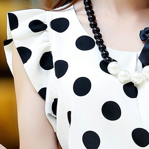 Hot Women Summer Casual Polka Dot Round Neck Short Sleeve Shirt Top Chiffon Blouse