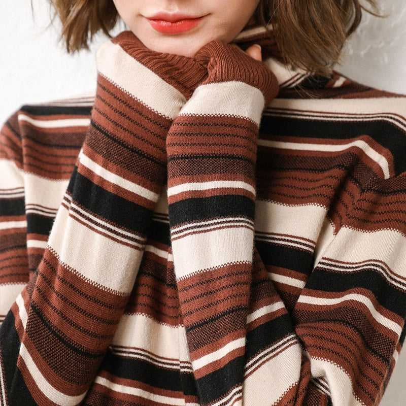 Women's Knitted Cashmere Sweaters, Striped autumn and winter sweaters S-XXXL