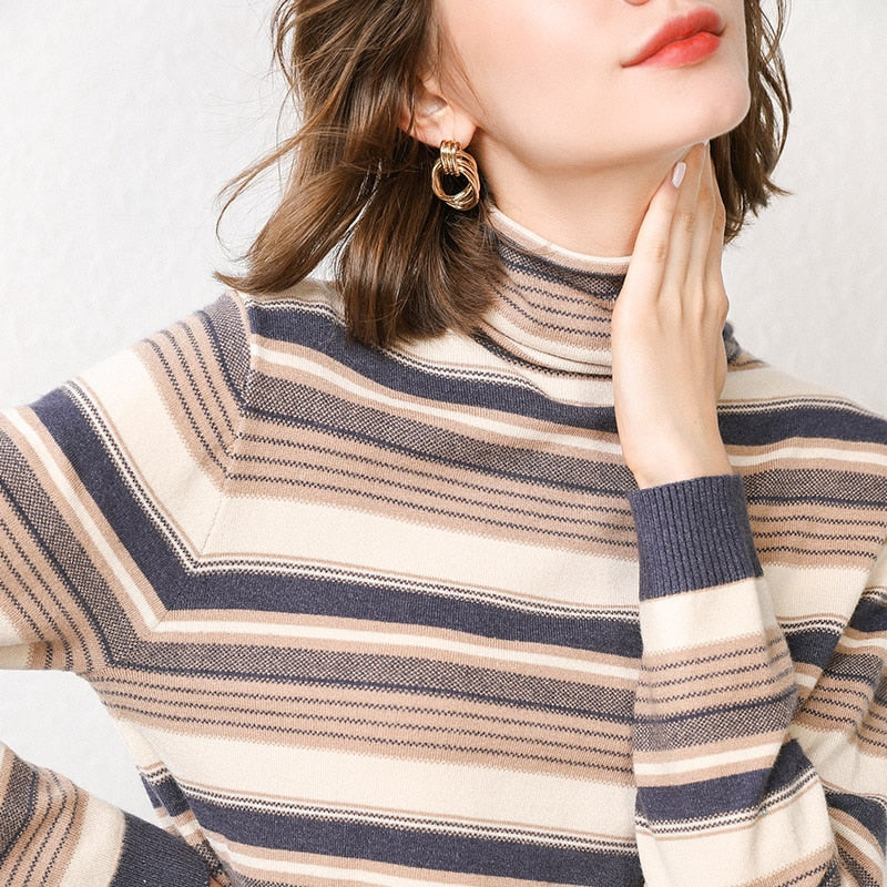 Women's Knitted Cashmere Sweaters, Striped autumn and winter sweaters S-XXXL