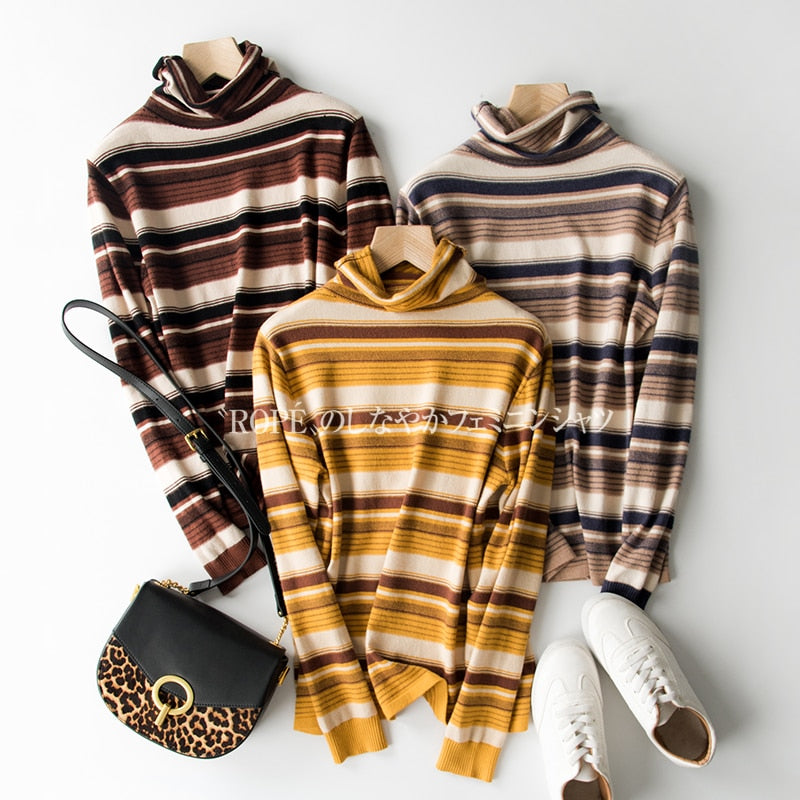 Women's Knitted Cashmere Sweaters, Striped autumn and winter sweaters S-XXXL