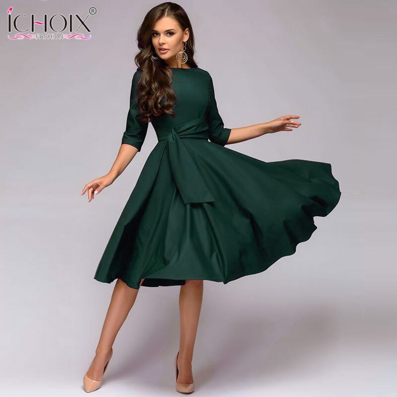 ICHOIX 2019 Spring Summer Women's Dress Elegant Solid dress Ladies Slim Office Party Dress Sashes Women's Clothing