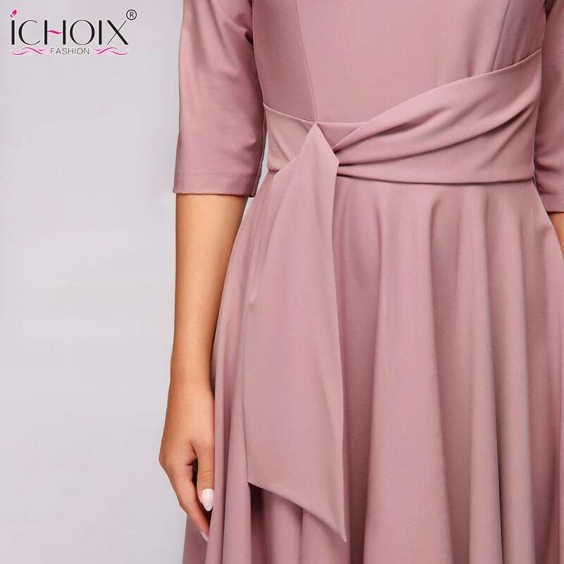 ICHOIX 2019 Spring Summer Women's Dress Elegant Solid dress Ladies Slim Office Party Dress Sashes Women's Clothing