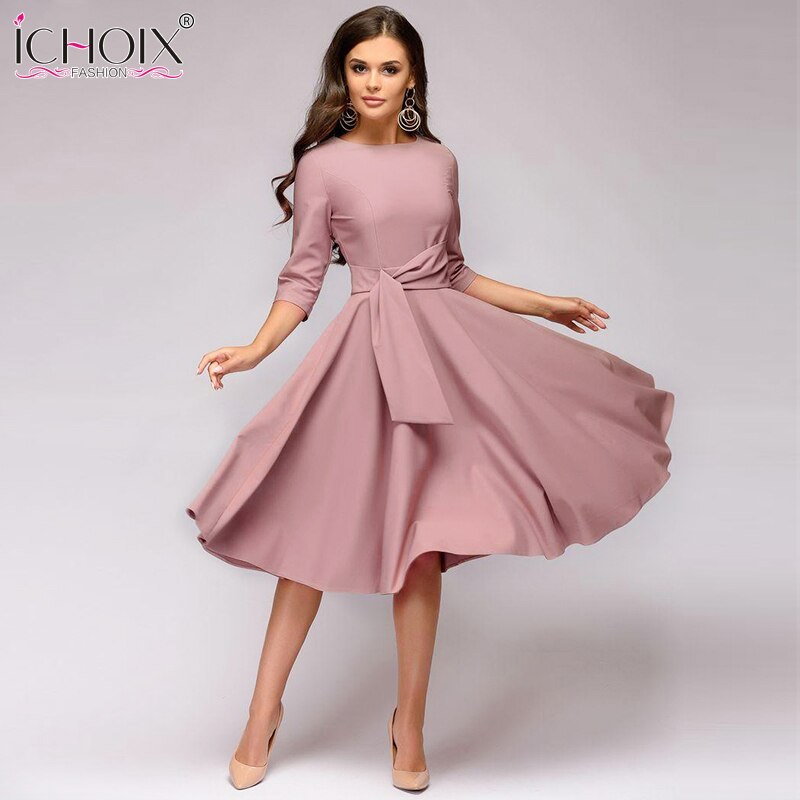 ICHOIX 2019 Spring Summer Women's Dress Elegant Solid dress Ladies Slim Office Party Dress Sashes Women's Clothing