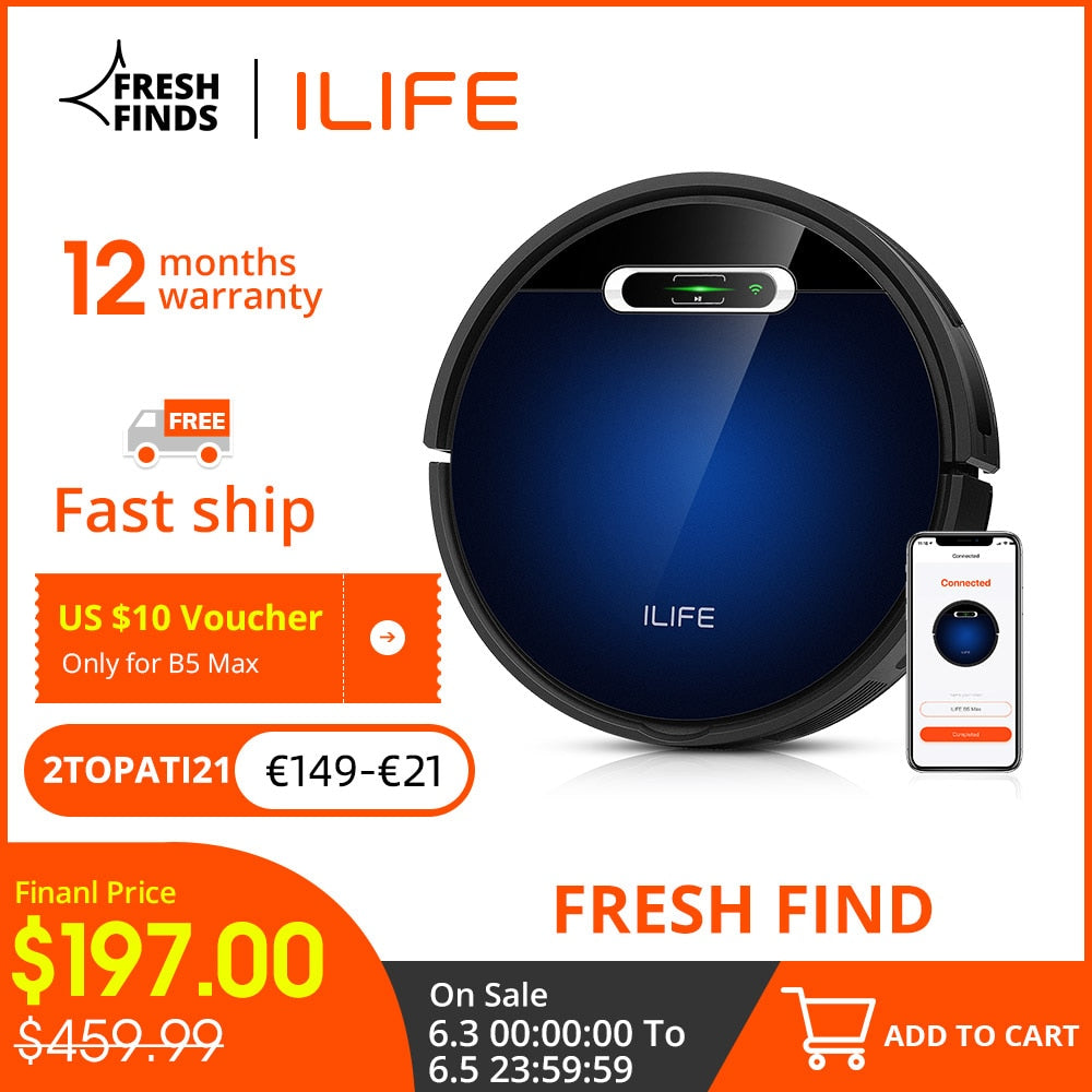ILIFE B5 Max Robot Vacuum Cleaner,Cellphones WIFI APP Control,Mop & Sweep,Strong suction 2000pa,600ml Large Dustbox,1L Dust bag