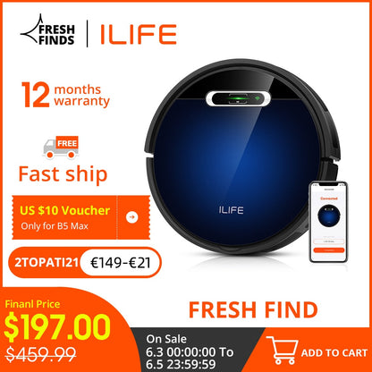 ILIFE B5 Max Robot Vacuum Cleaner,Cellphones WIFI APP Control,Mop & Sweep,Strong suction 2000pa,600ml Large Dustbox,1L Dust bag