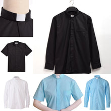 Load image into Gallery viewer, Pastor Clergy Shirts Priest Tab Collar Black Minister Preacher Short Sleeve Tops Black White Blue
