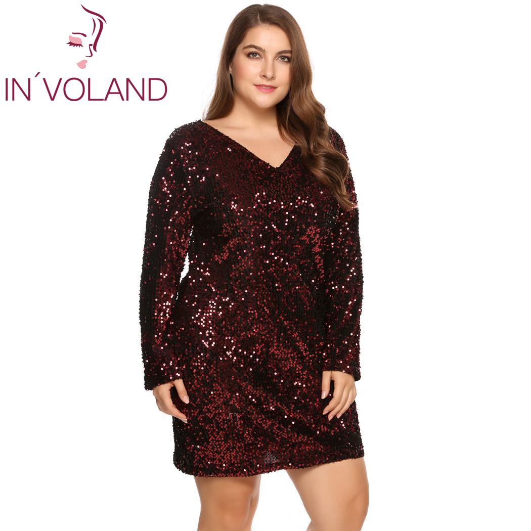 IN'VOLAND Women's Plus Size Deep V-Neck Long Sleeve Sequined Dress Bodycon Cocktail Club Sheath Ladies Sequine Dresses