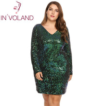 将图片加载到图库查看器，IN&#39;VOLAND Women&#39;s Plus Size Deep V-Neck Long Sleeve Sequined Dress Bodycon Cocktail Club Sheath Ladies Sequine Dresses
