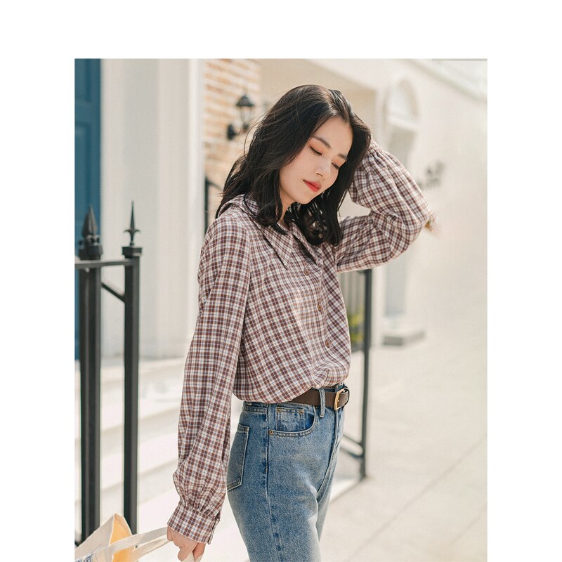 INMAN Winter Literary Retro 100% Cotton Doll Collar Plaid Loose Long Sleeve Women Blouse