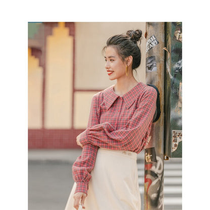 INMAN Winter Literary Retro 100% Cotton Doll Collar Plaid Loose Long Sleeve Women Blouse