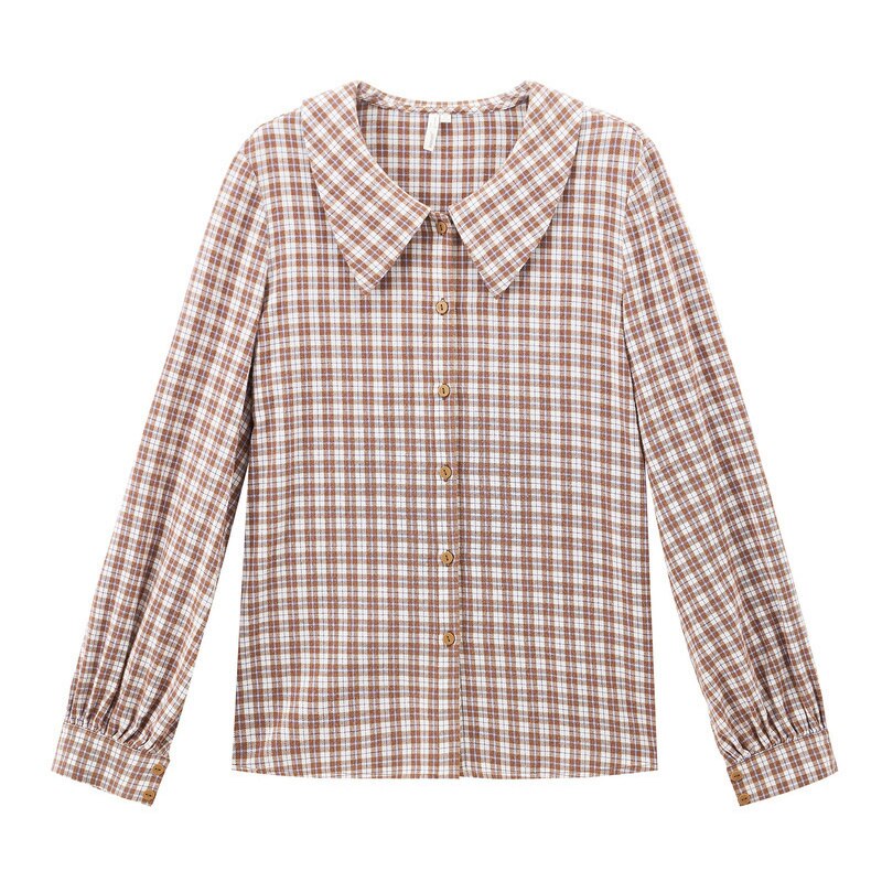 INMAN Winter Literary Retro 100% Cotton Doll Collar Plaid Loose Long Sleeve Women Blouse